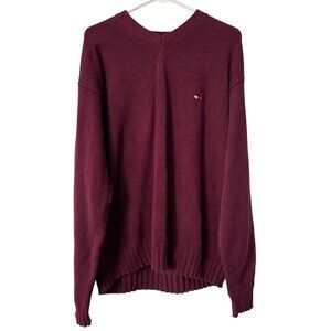 Tommy Hilfiger Sweater Size XL V Neck Long Sleeve Pullover Burgundy Knit Preppy